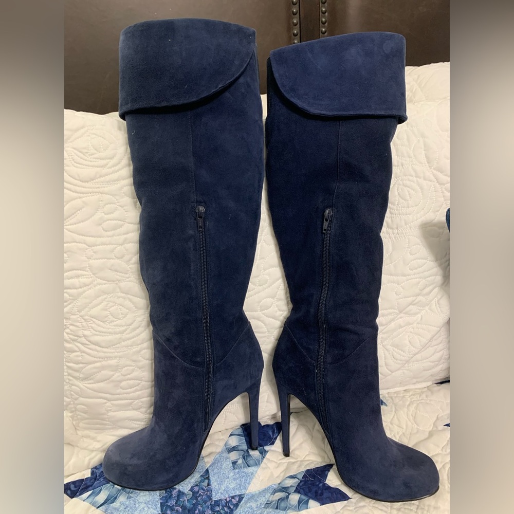 Aldo Navy Blue Suede Knee-High Heeled Boots
